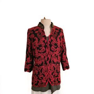 CHICO'S Red/Black Embroidered Open Front Jacket Embellished Velvet Collar SZ 0